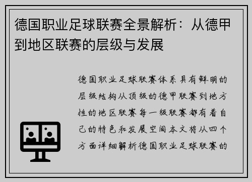 德国职业足球联赛全景解析：从德甲到地区联赛的层级与发展