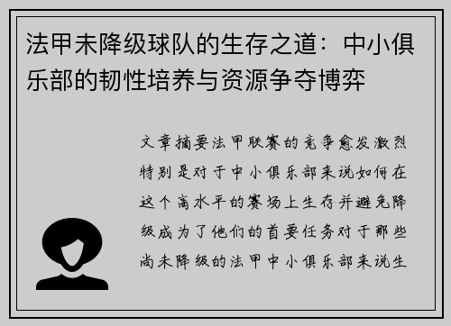 法甲未降级球队的生存之道：中小俱乐部的韧性培养与资源争夺博弈